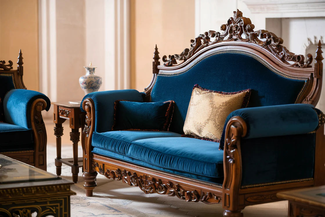 Heritage Royale Velvet Sofa – Hand-Carved Classic Luxury Seating