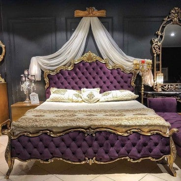 Royal Majesty Velvet Upholstered King Size Bed – Luxury Gold Carved Designer Bed Frame