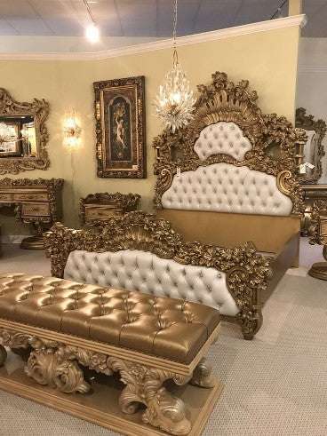 Imperial Crown Luxury King Bed Set with Upholstered Bench – Hand-Carved Gold Finish Designer Furniture