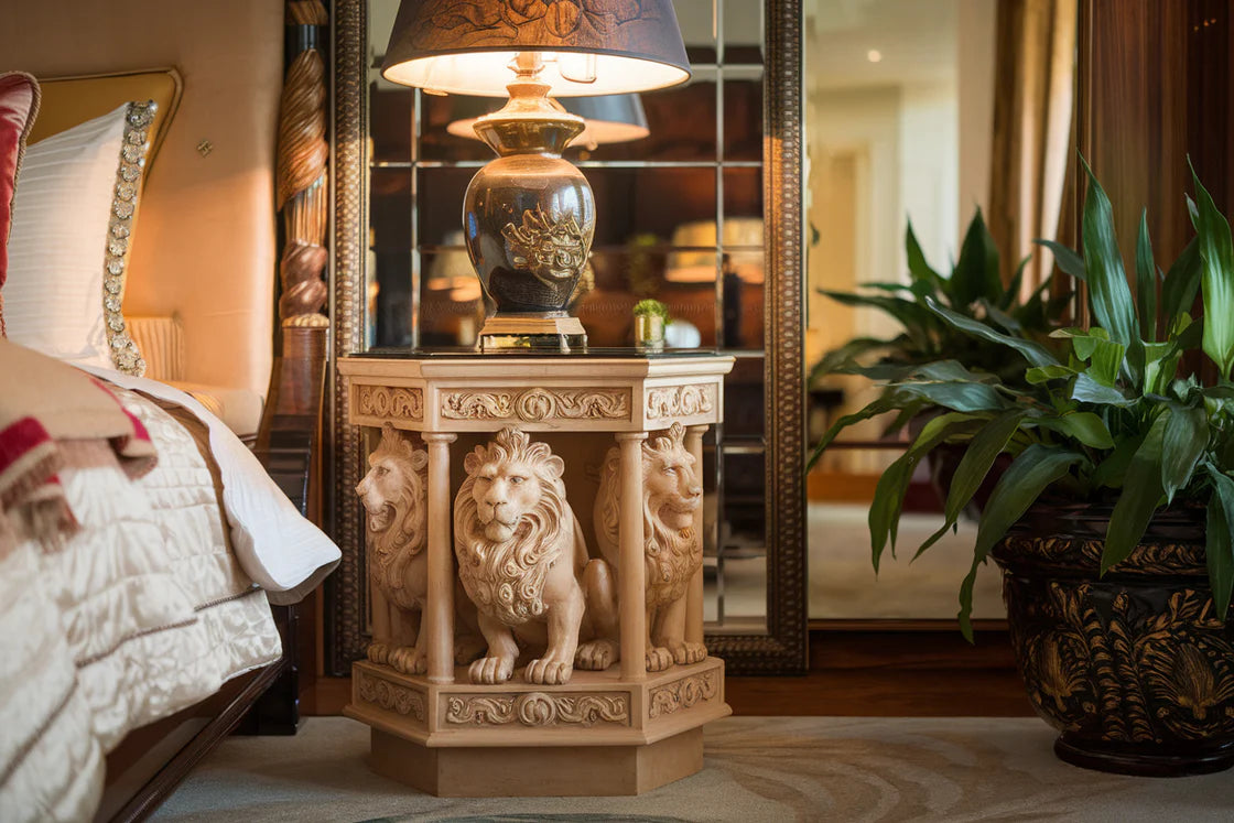 Lion Crest Hand-Carved Luxury Bedside Accent Table – Royal Designer Side Stand