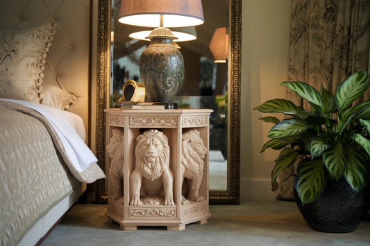 Royal Lion Crest Hand-Carved Bedside Table – Luxury Designer Accent Stand