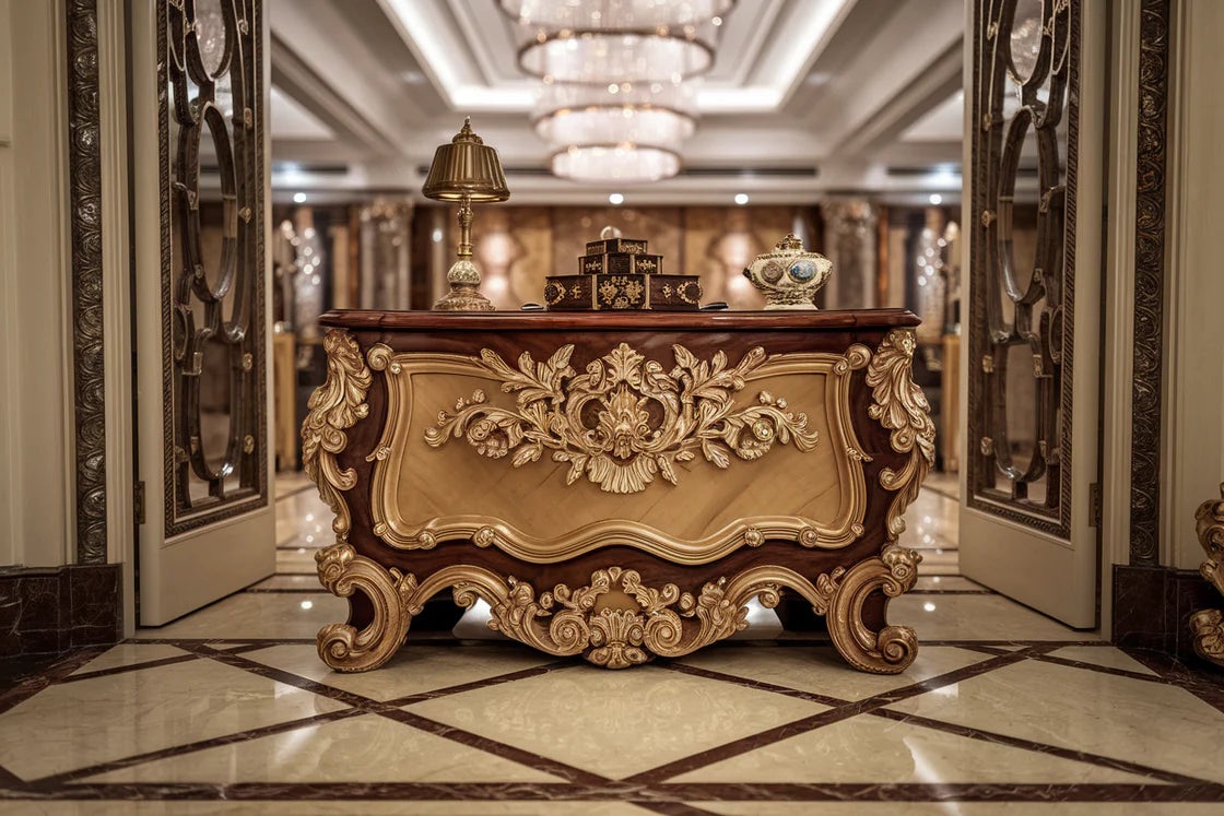 mperial Crown Hand-Carved Luxury Bedside Console Table – Royal Bedroom Nightstand