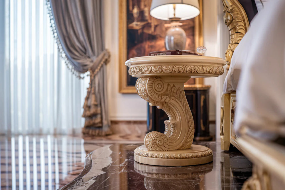 Imperial Curve Hand-Carved Round Bedside Table – Luxury Designer Accent Stand