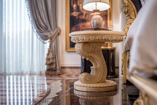 Imperial Curve Hand-Carved Round Bedside Table – Luxury Designer Accent Stand