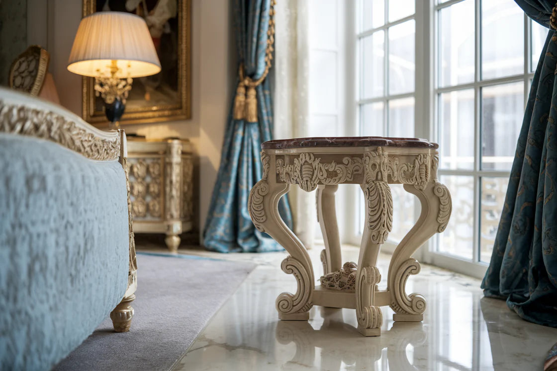 Royal Elegance Hand-Carved Bedside Accent Table – Classic Luxury Side Stand